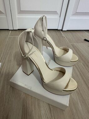 Pronovias Champagne Satin Platform Ankle-Strap Heels